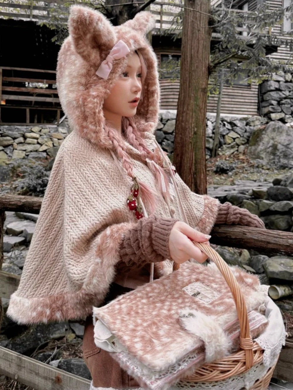 NEW Rose Island Deer Knit Tan Faux-Fur Trim Hooded Cape Jacket